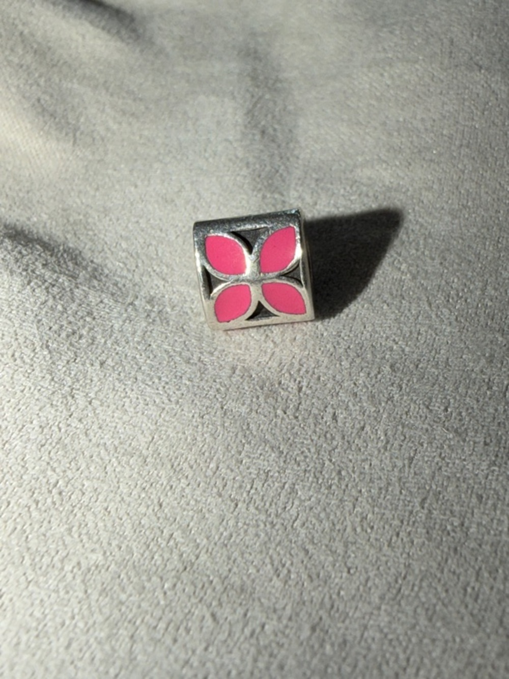 Retired Pandora Silver Square Charm with Pink Enamel Flower